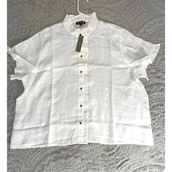 J. Crew White Ruffle Trim Button Up Shirt In 100 % Linen Size 2X New Collared - Picture 2 of 6